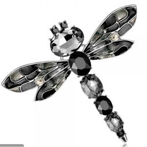 Elegant Black & Silver Crystal Dragonfly Brooch Pin